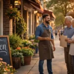 Lokalni preduzetnik ispred radnje razgovara sa kupcima iz kraja kao primer lokalne marketing strategije i vidljivosti firme