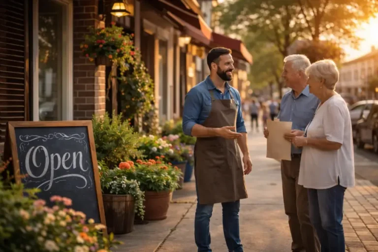 Lokalni preduzetnik ispred radnje razgovara sa kupcima iz kraja kao primer lokalne marketing strategije i vidljivosti firme