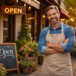 Lokalni preduzetnik ispred svoje radnje kao primer dosledne lokalne vidljivosti, poverenja i dugoročnog lokalnog marketinga