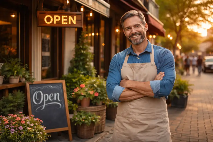 Lokalni preduzetnik ispred svoje radnje kao primer dosledne lokalne vidljivosti, poverenja i dugoročnog lokalnog marketinga