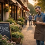 Lokalni preduzetnik ispred svoje radnje koristi Facebook za komunikaciju sa kupcima i jačanje poverenja u svom kraju