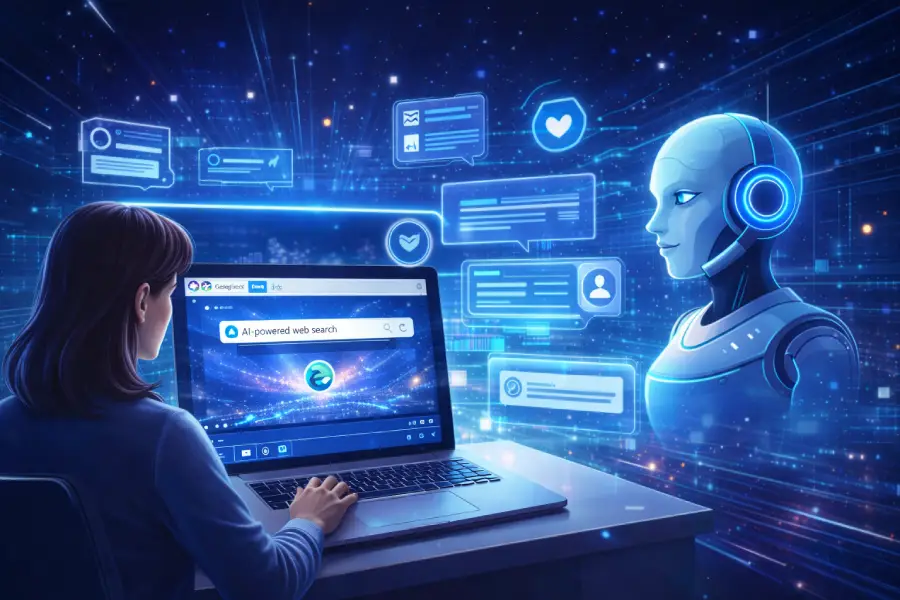 Ilustracija koja prikazuje Edge AI pretragu integrisanu u internet pregledač, gde korisnik kroz razgovor dobija jasne odgovore uz pomoć veštačke inteligencije