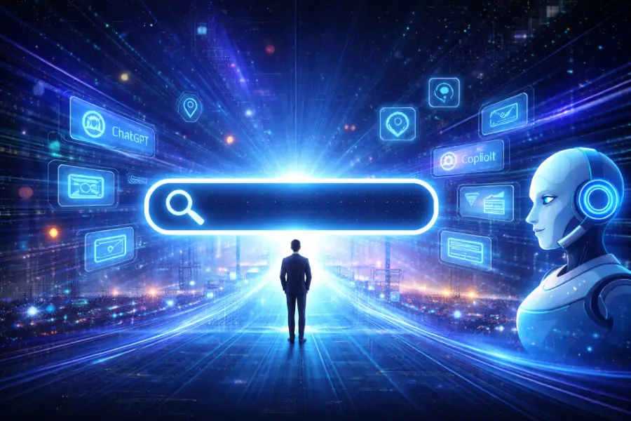 Ilustracija AI pretrage Google Disco koja prikazuje kako veštačka inteligencija pomaže korisniku da otkrije i organizuje informacije na internetu.