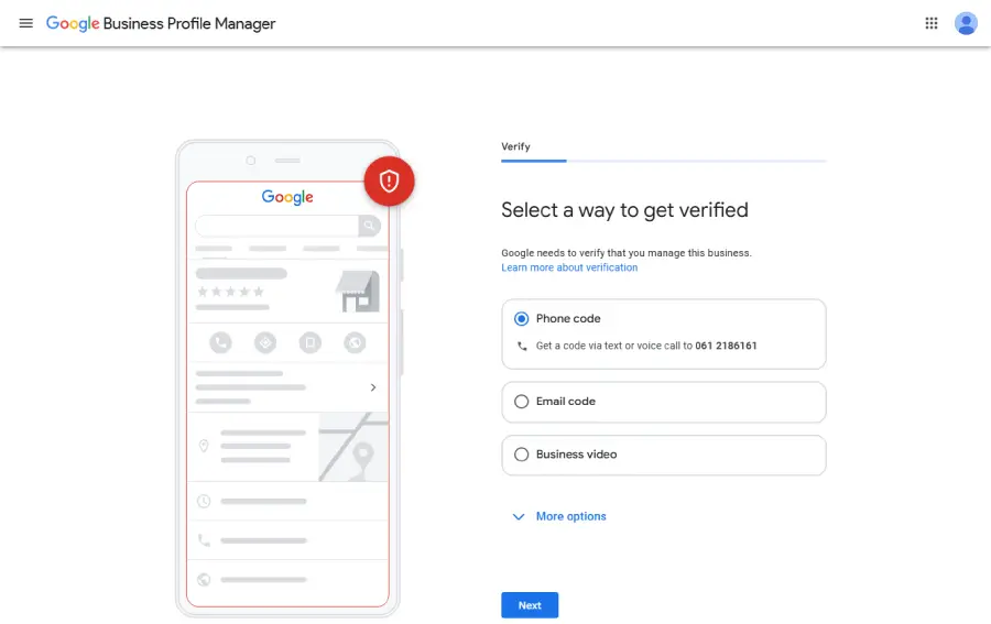 Izbor načina verifikacije Google preduzeća putem telefona, emaila ili video potvrde