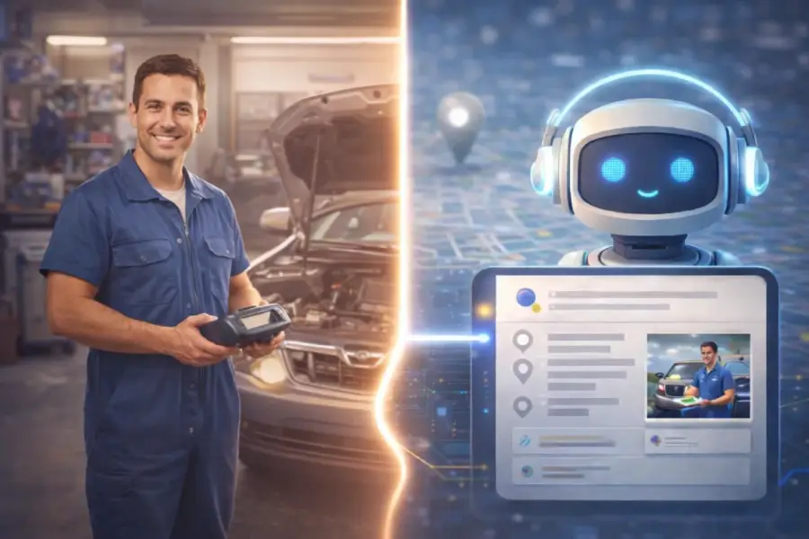 Prikaz lokalnog preduzetnika u realnom okruženju i AI pretrage koja pomaže u pronalaženju lokalnih firmi u budućnosti