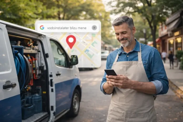 Lokalni preduzetnik proverava vidljivost svoje firme na Google-u i Google mapama prilikom lokalne pretrage u svom kraju