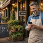 Lokalni preduzetnik ispred radnje koristi Instagram profil firme za lokalni marketing i vidljivost u svom kraju