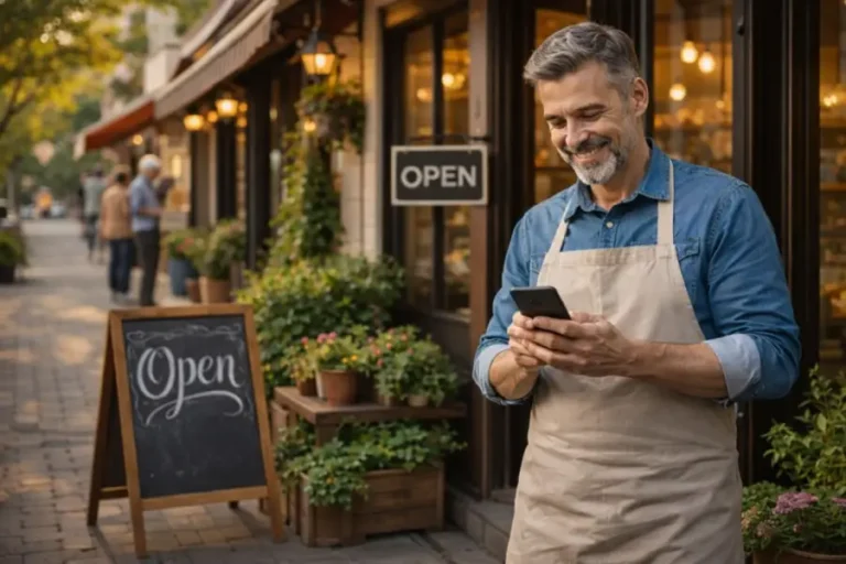 Lokalni preduzetnik ispred radnje koristi Instagram profil firme za lokalni marketing i vidljivost u svom kraju