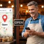 Lokalni preduzetnik stoji ispred svoje radnje u kraju i koristi telefon, dok prolaznici u okolini traže lokalne usluge u blizini