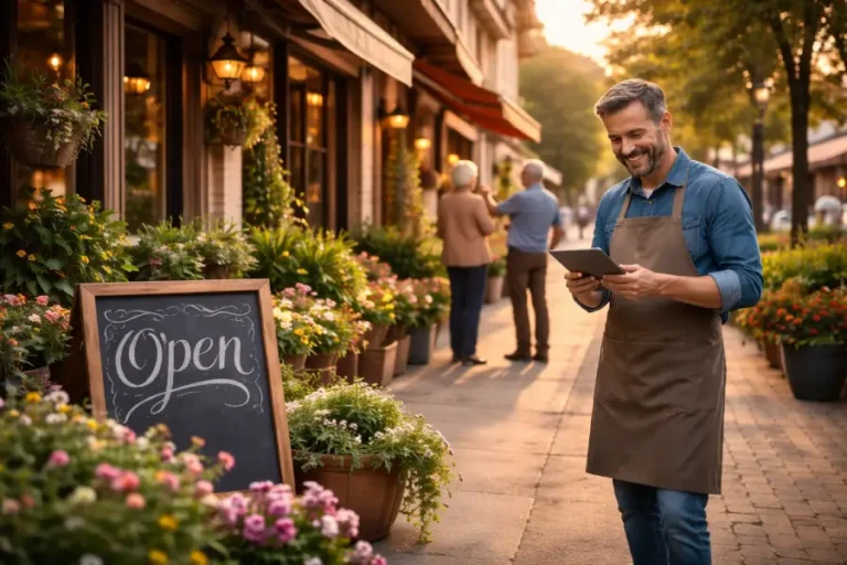 Lokalni preduzetnik ispred svoje radnje, prisutan na društvenim mrežama i vidljiv u lokalnoj zajednici
