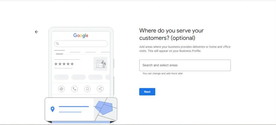 Odabir područja pružanja usluga prilikom podešavanja Google preduzeća za uslužne delatnosti

