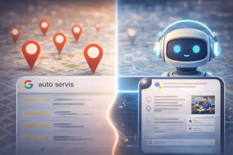 Ilustracija koja prikazuje razliku između klasične Google pretrage sa listom rezultata i AI pretrage koja daje direktan odgovor za lokalne usluge