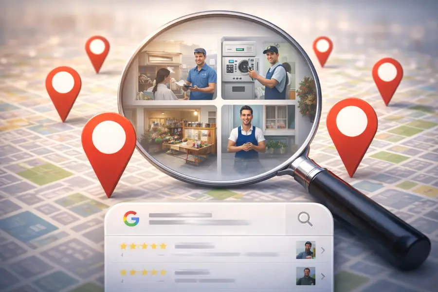 Ilustracija prikazuje kako Google vidi lokalni biznis kroz podatke, lokaciju i prisutnost firme na internetu