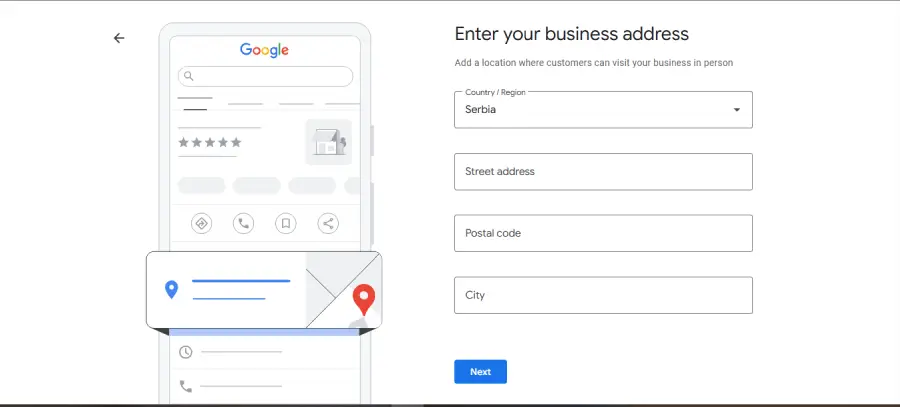 Unos adrese i lokacije firme tokom verifikacije Google preduzeća