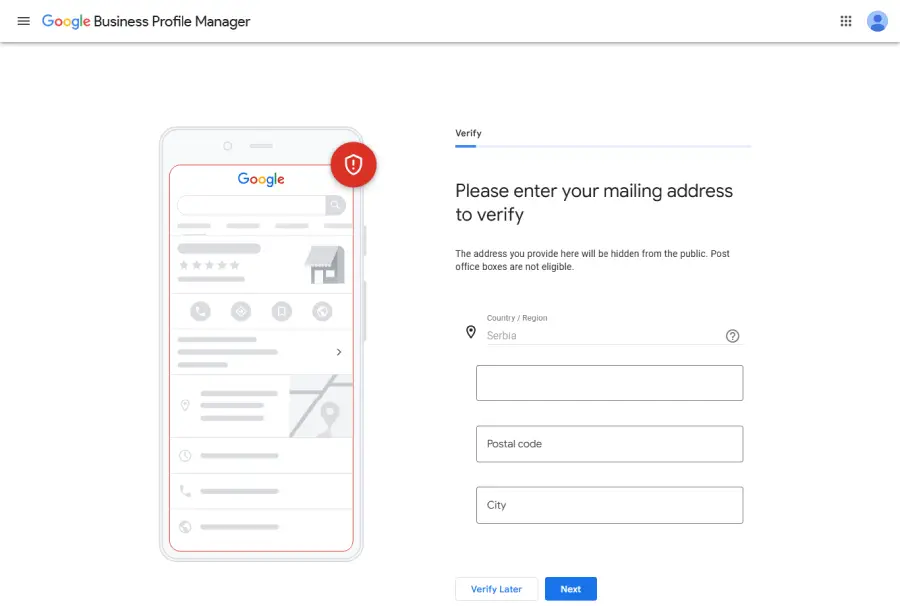 Unos adrese za verifikaciju Google preduzeća tokom otvaranja profila