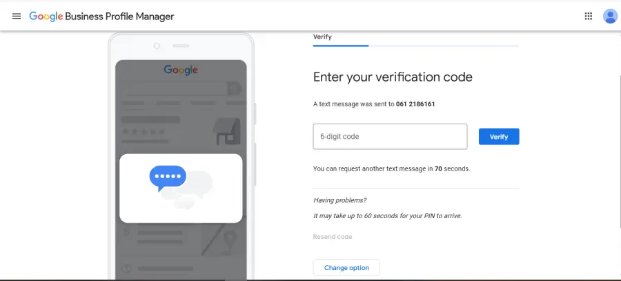 Unos verifikacionog koda poslatog putem SMS-a tokom verifikacije Google preduzeća