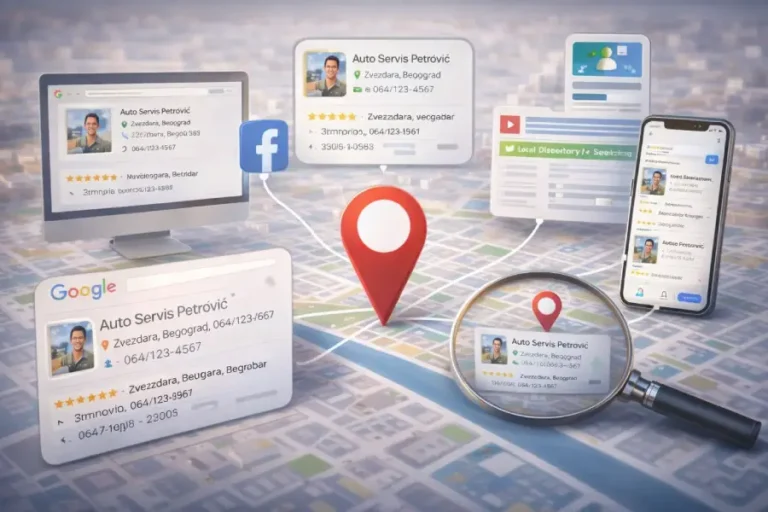 SEO nije vezan samo za sajt, već za celokupno prisustvo lokalne firme na internetu kroz Google profil, društvene mreže i lokalne adresare
