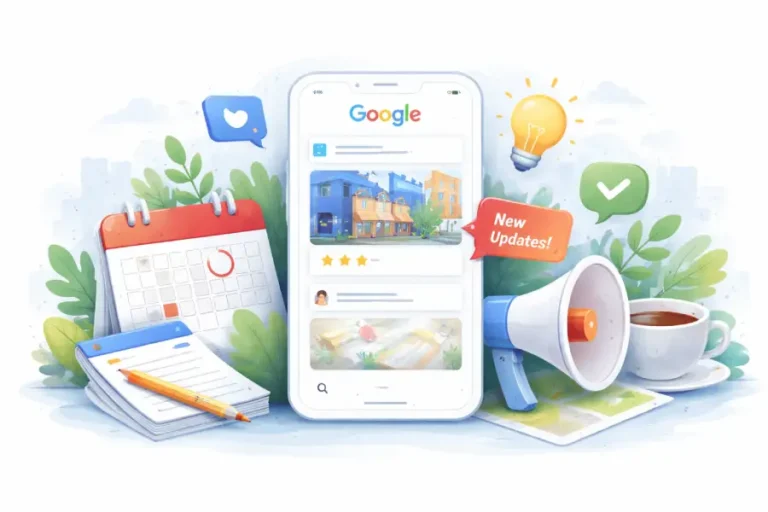 Ilustracija koja prikazuje objave i redovnu aktivnost na Google preduzeću kao deo upravljanja poslovnim profilom firme