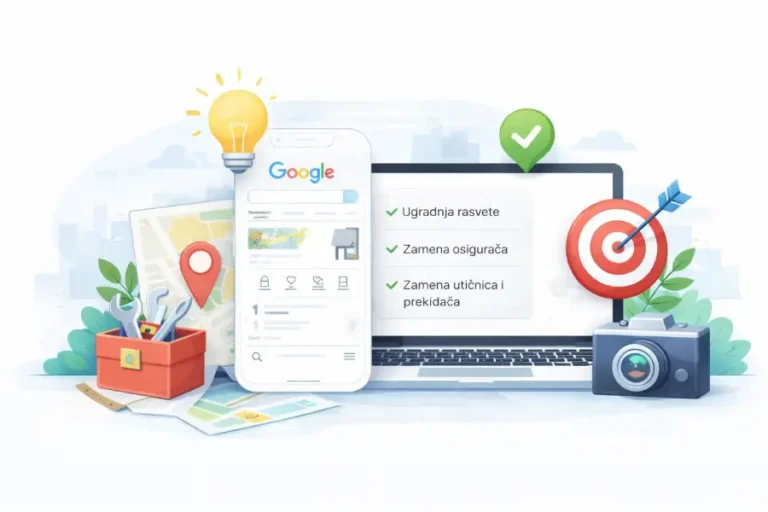 Ilustracija optimizacije Google preduzeća sa prikazom kategorija, usluga, lokacije i poslovnih informacija lokalne firme