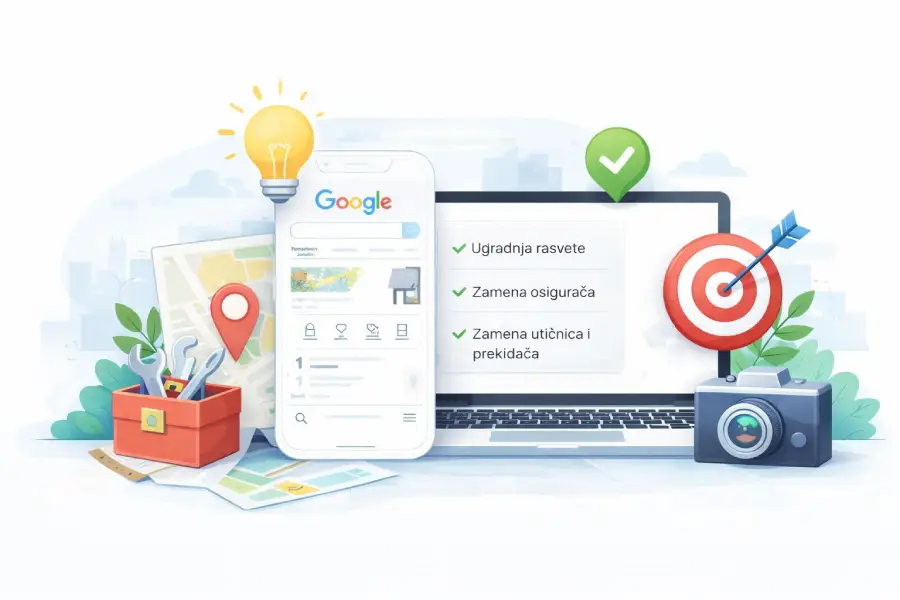 Ilustracija optimizacije Google preduzeća sa prikazom kategorija, usluga, lokacije i poslovnih informacija lokalne firme