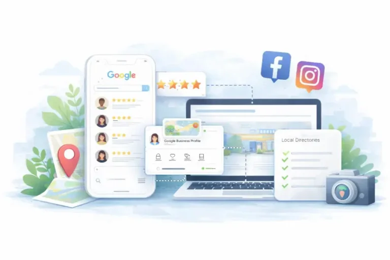 Ilustracija koja prikazuje povezivanje Google preduzeća sa sajtom, društvenim mrežama i lokalnim adresarima kao celinu online prisustva lokalnog biznisa.