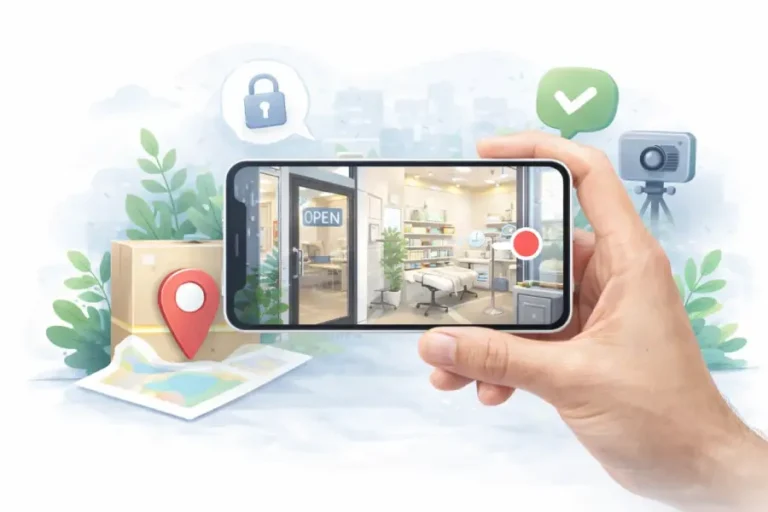 Prikaz video verifikacije Google preduzeća – snimanje poslovnog prostora telefonom, sa jasno vidljivim ulazom i unutrašnjim delom lokala kao dokazom stvarnog poslovanja.