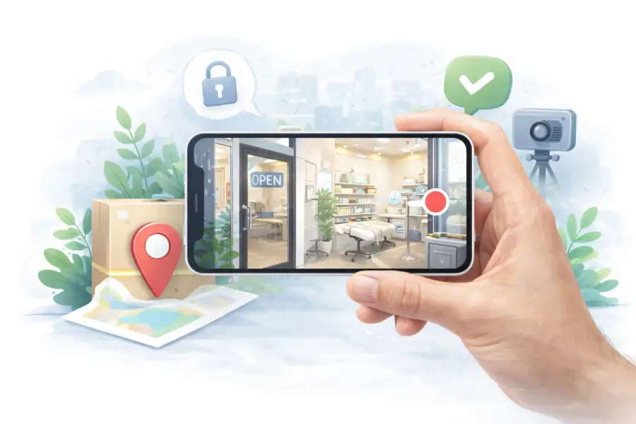 Prikaz video verifikacije Google preduzeća – snimanje poslovnog prostora telefonom, sa jasno vidljivim ulazom i unutrašnjim delom lokala kao dokazom stvarnog poslovanja.