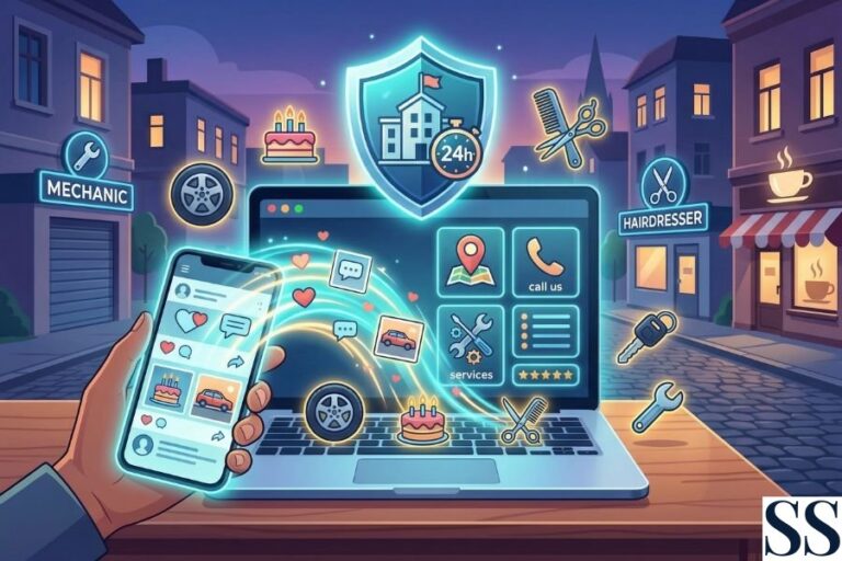 Prikaz prelaska posetilaca sa dinamičnih objava na mobilnom telefonu na pregledan sajt sa jasnim kontakt podacima i uslugama, ilustrujući da mreže služe za prvi utisak, a sajt za pružanje preciznih informacija i građenje poverenja.