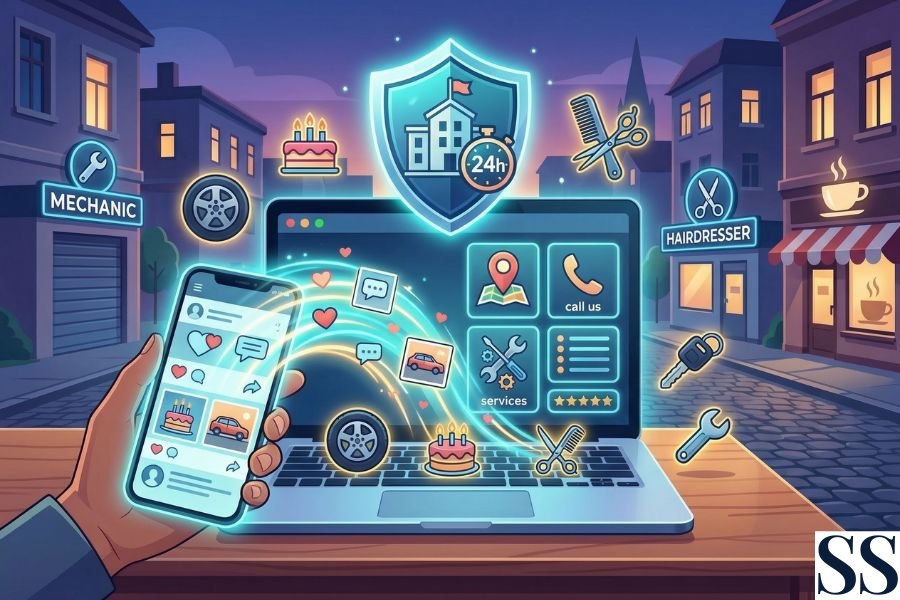 Prikaz prelaska posetilaca sa dinamičnih objava na mobilnom telefonu na pregledan sajt sa jasnim kontakt podacima i uslugama, ilustrujući da mreže služe za prvi utisak, a sajt za pružanje preciznih informacija i građenje poverenja.