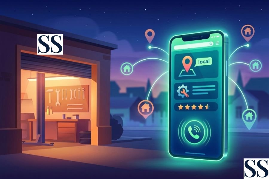 Ilustracija pametnog telefona sa lokalnom pretragom pored osvetljene radionice noću, što simbolizuje sajt koji radi 24/7.