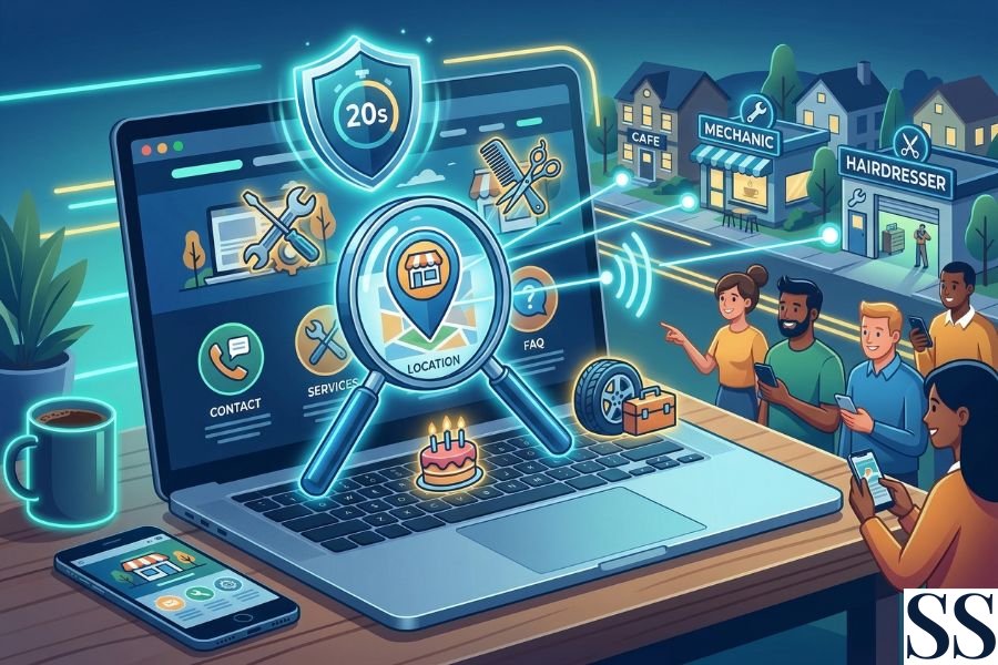 Laptop sa simbolima za lokalne usluge i dosledne podatke o lokaciji nalazi se ispred prolaznika koji na mobilnim telefonima pronalaze majstore, što vizuelno objašnjava da lokalni SEO počinje na sajtu koji Google-u šalje jasne signale o tvojoj zoni rada.