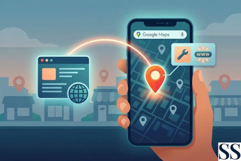 Ilustracija mobilnog telefona sa otvorenom Google mapom koja je svetlećom linijom povezana sa veb-sajtom, što vizuelno objašnjava kako sajt pojačava tvoj Google Business profil.