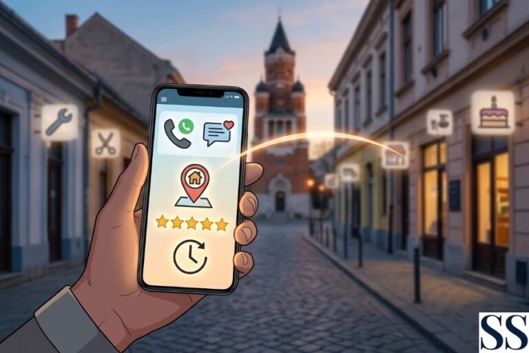 Ruka drži mobilni telefon na kome je pokrenuta Google mapa sa obeleženom lokacijom auto servisa, dok se iznad telefona pojavljuju ikonice za interakciju korisnika, poput recenzija i zakazivanja.