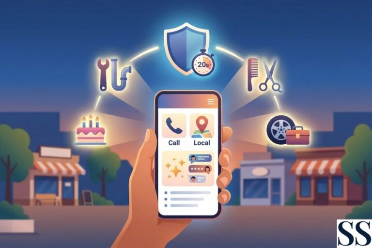 Pametni telefon sa ikonicama za brzi kontakt i navigaciju nalazi se u prvom planu, dok svetleća linija spaja ekran sa različitim uslužnim radnjama u lokalnoj ulici.