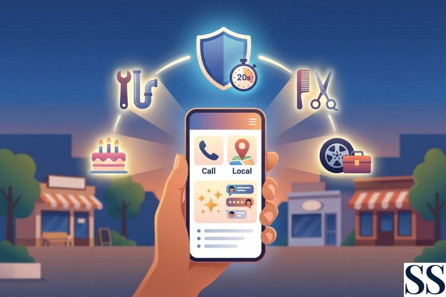 Pametni telefon sa ikonicama za brzi kontakt i navigaciju nalazi se u prvom planu, dok svetleća linija spaja ekran sa različitim uslužnim radnjama u lokalnoj ulici.