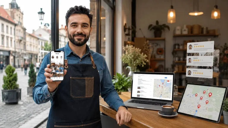 Lokalni preduzetnik pokazuje Instagram profil dok su pored njega prikazani Google pretraga, mapa i recenzije kao simbol šire online vidljivosti.